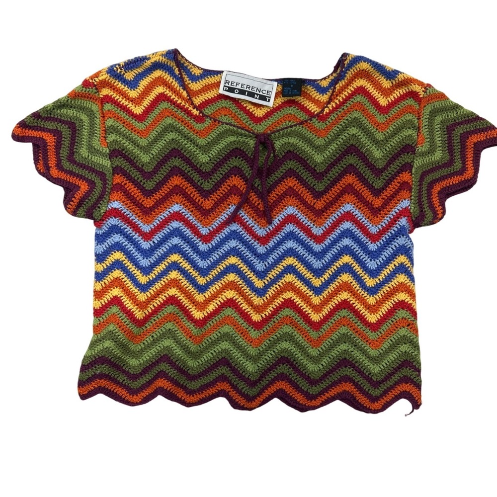Reference Point Crochet Top Womens M Chevron Knit Crop Boho Hippie Retro 90s